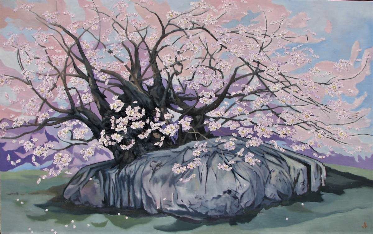 桜の女流大家，川島眞佐「石割桜」M50号油彩，最新作，岩手の宝，樹齢