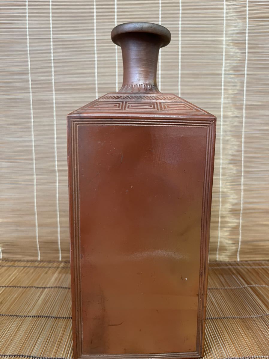 備前焼 角花瓶/花入 竹絵図/彫り：F443