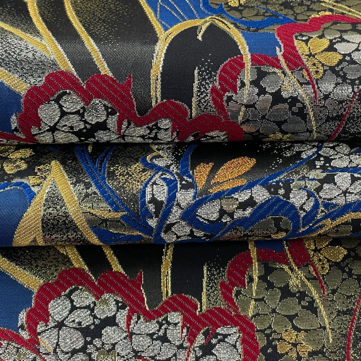 競ナビ】袋帯 秀品 草花 桜 金糸 箔 青 六通 正絹 【中古】 袋帯 六