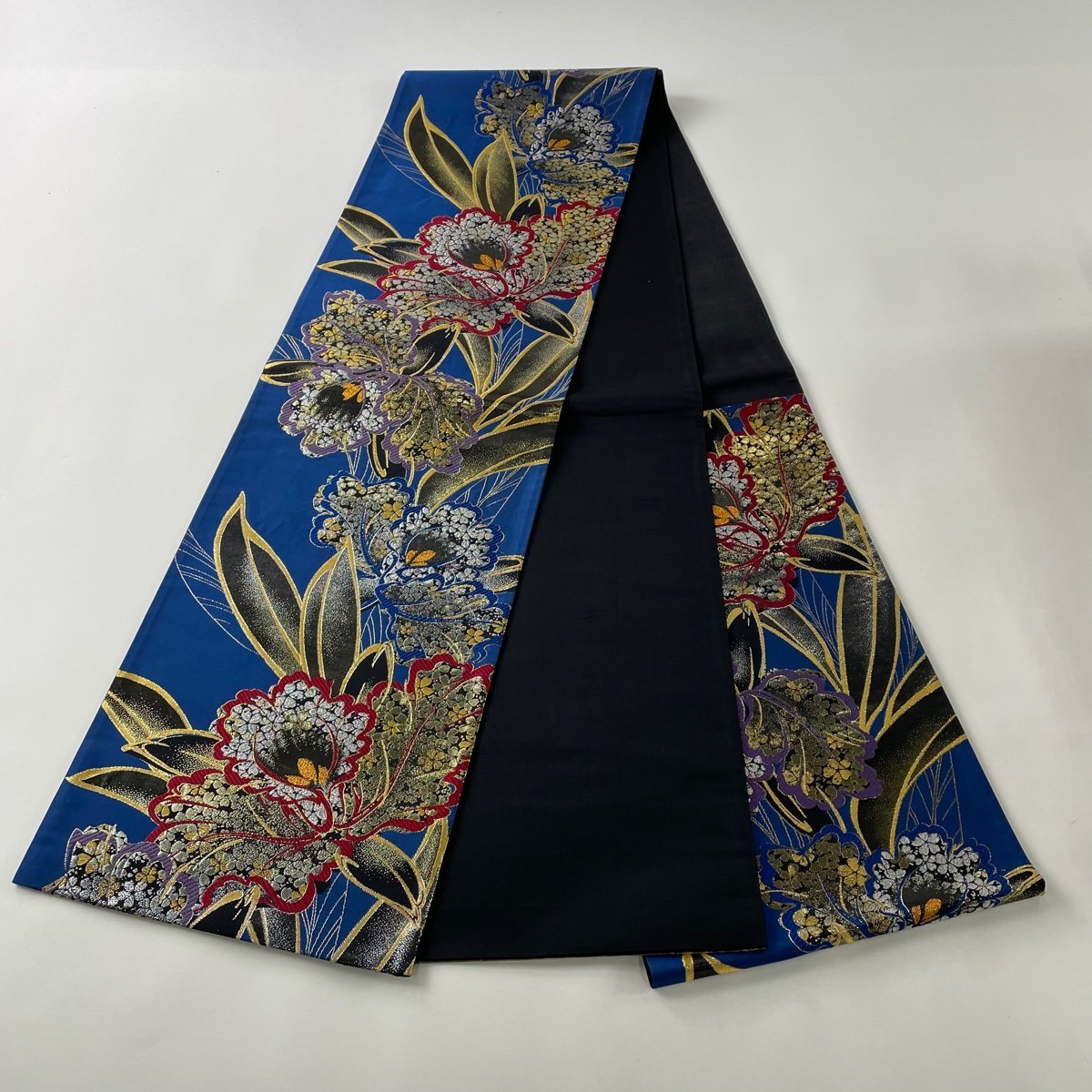 競ナビ】袋帯 秀品 草花 桜 金糸 箔 青 六通 正絹 【中古】 袋帯 六