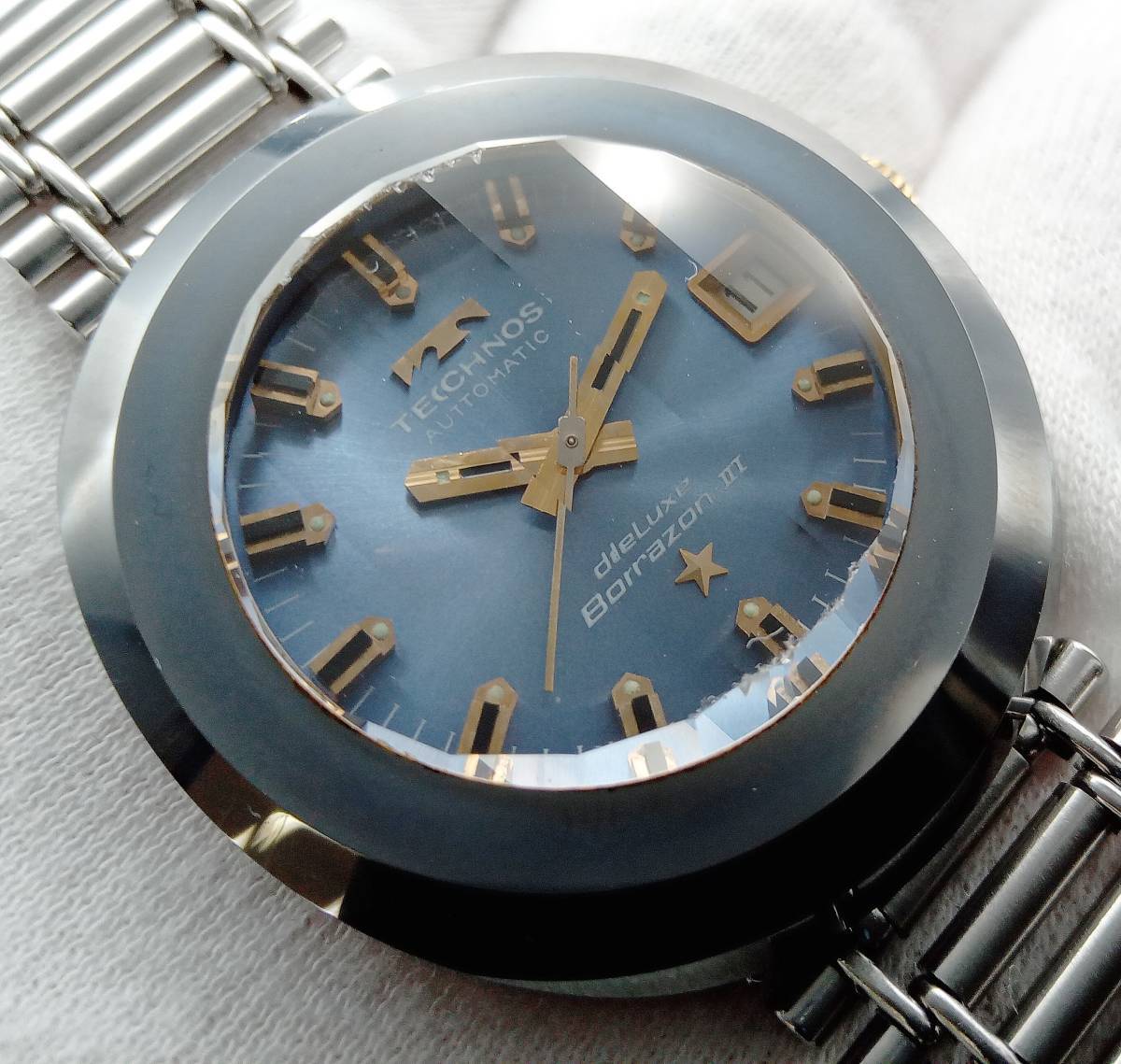 TECHNOS テクノス ボラゾン2 ブルー デイト 自動巻き カットガラス 