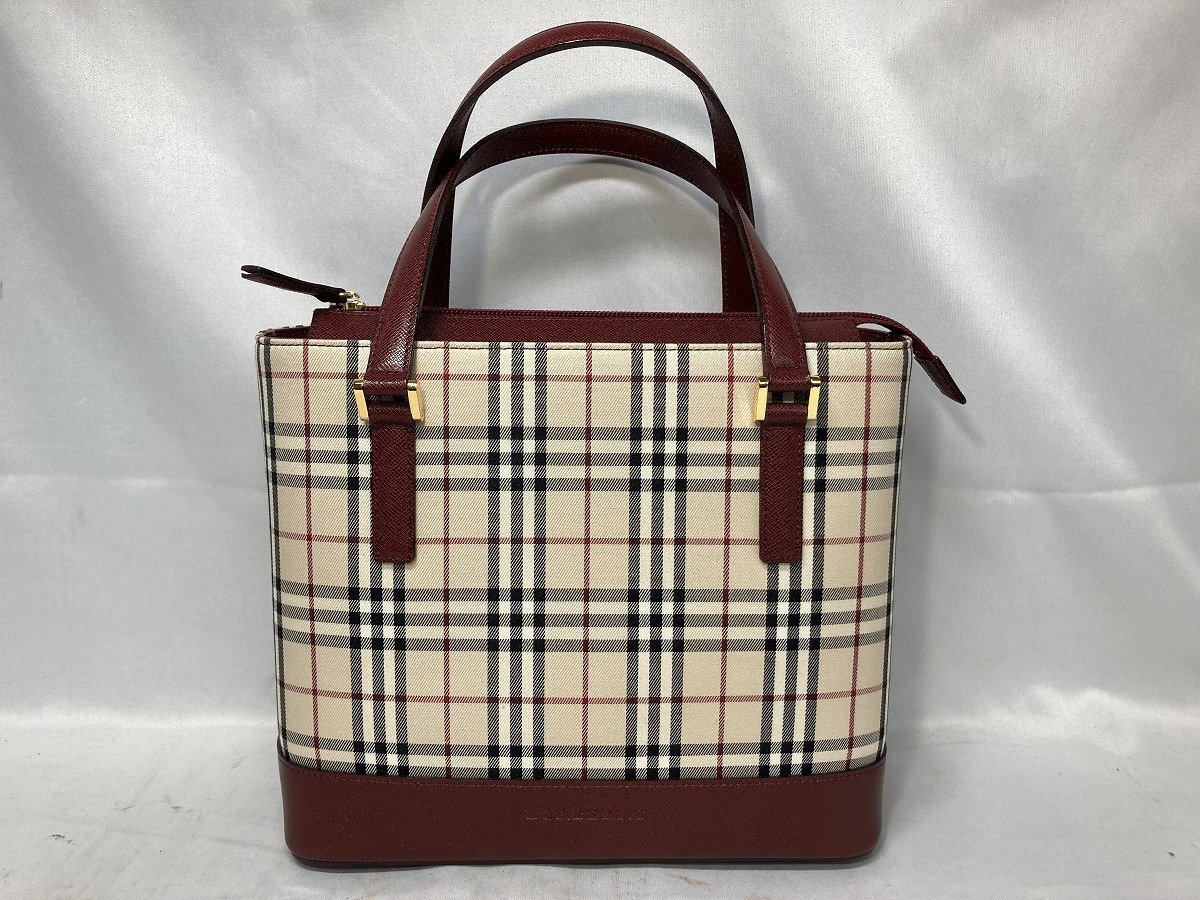  Burberry バーバリー ノバチェック柄 ハンドバッグ ベージュ/ボルドー ゴールド金具 16605(ハンドバッグ)｜売買されたオークション情報、yahooの商品情報をアーカイブ公開 - オークファン かばん、バッグ