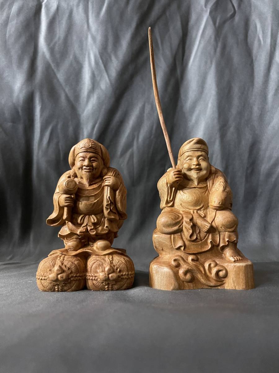 HOT，低価】 極上品 仏教工芸品 一刀彫 総ケヤキ材 福神 恵比寿 大黒