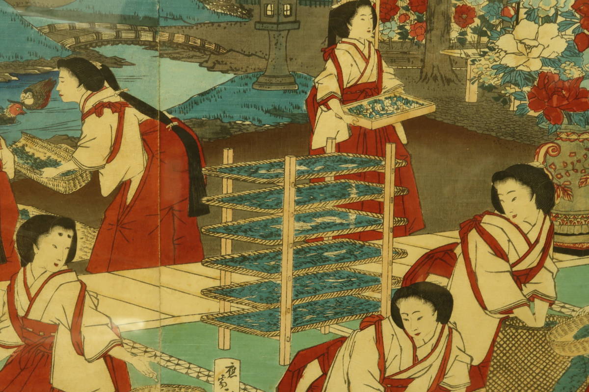 木版画 (79) 歌川広重 女官養蚕之図 3枚綴 額装 大判 錦絵 浮世絵 明治