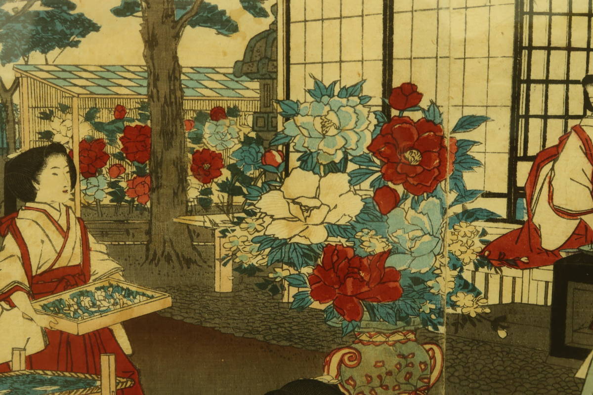木版画 (79) 歌川広重 女官養蚕之図 3枚綴 額装 大判 錦絵 浮世絵 明治