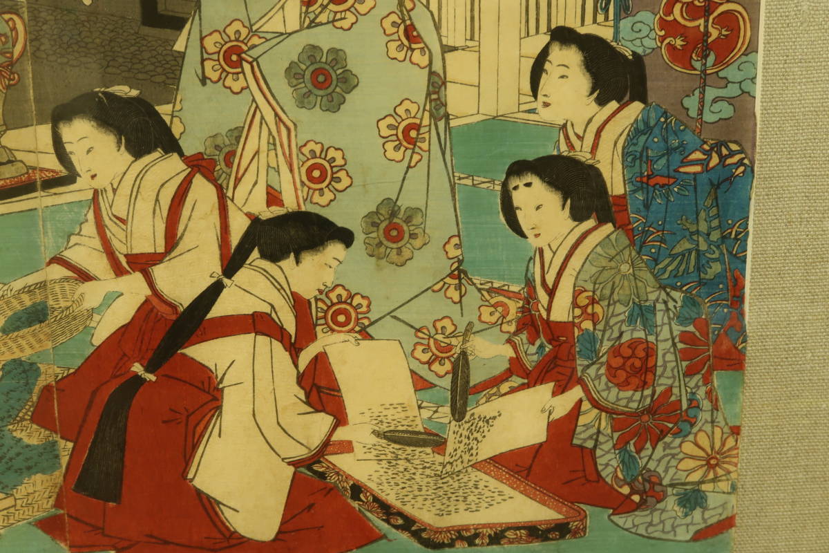 木版画 (79) 歌川広重 女官養蚕之図 3枚綴 額装 大判 錦絵 浮世絵 明治