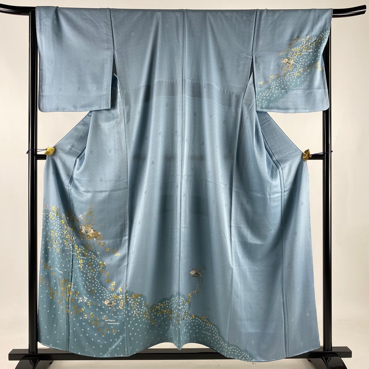 通常納期 【競ナビ】訪問着 秀品 扇面 草花 刺繍 金銀彩 水色 袷 155.5