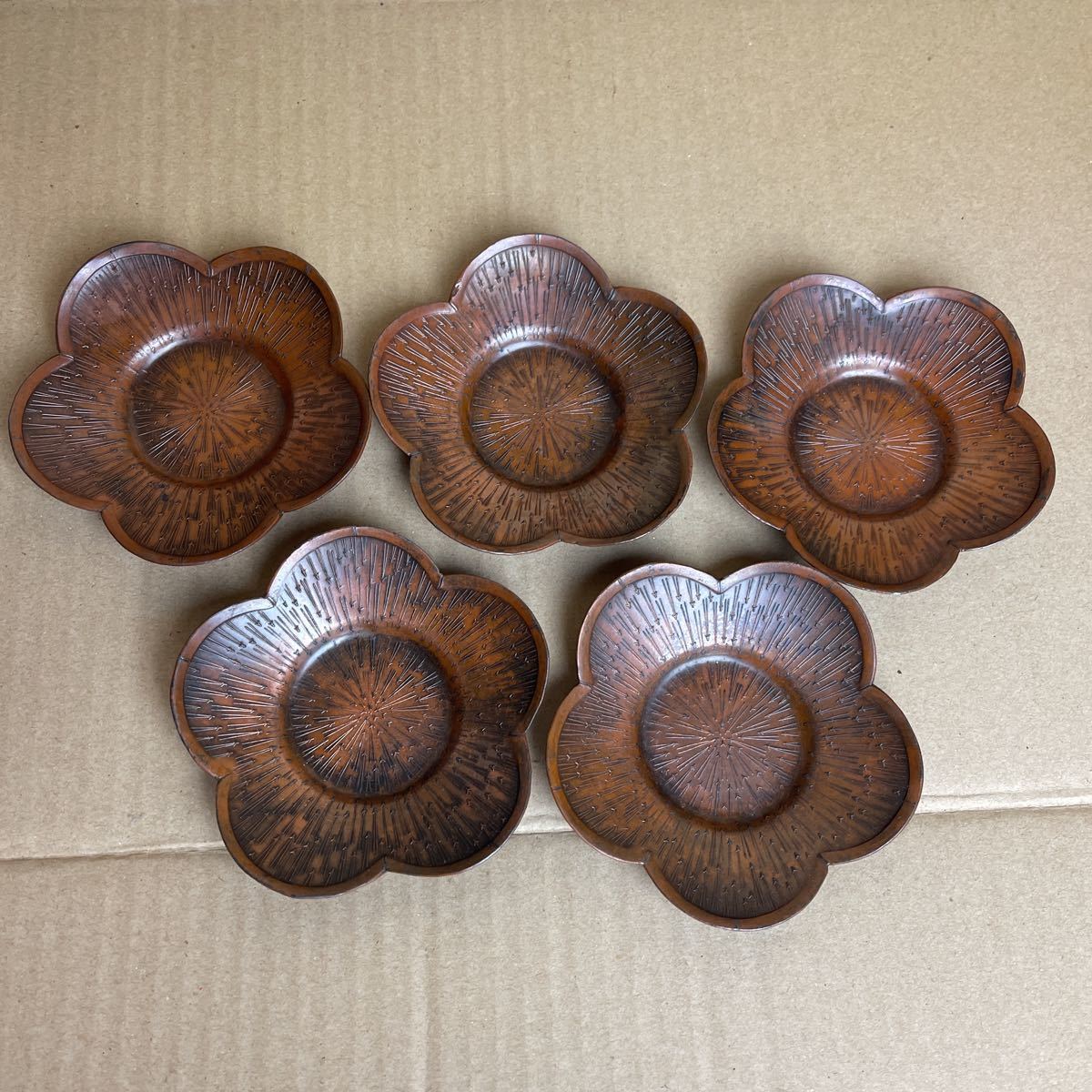 中国唐物 銅製 茶托 五客 煎茶道具 銅茶托 茶道具/ 煎茶碗