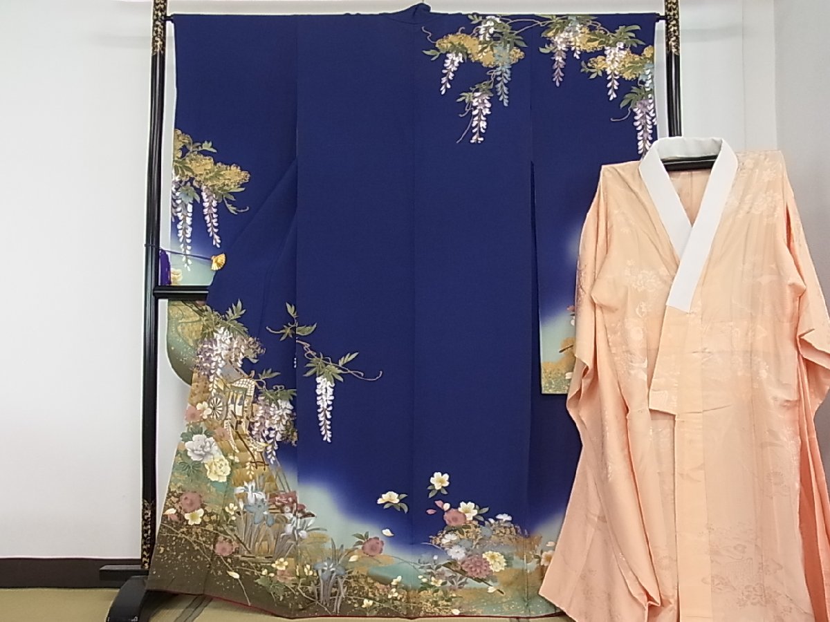 駒刺繍 平和屋着物○豪華振袖 正絹 金彩 逸品 暈し染め 御所車花文 