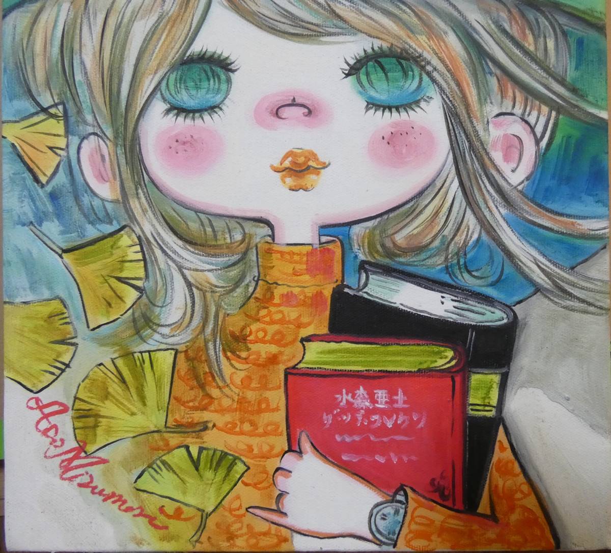 【F6号】水森亜土（flower girl ）手描き作品/表裏サイン/油彩/額縁 F6号】水森亜土（flower girl ）手描き作品/表裏サイン/油彩/額縁 F6号