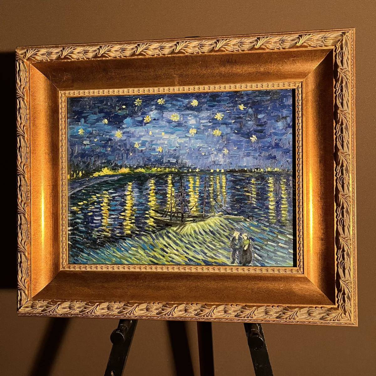 ☆特秀作☆ 手書き油絵 ゴッホ ローヌ川の星月夜 額付 絵画 インテリア