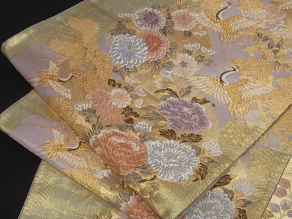 着物屋こころ□六通柄袋帯 唐織 飛鶴花丸文 金糸 正絹 逸品 A-ta1395