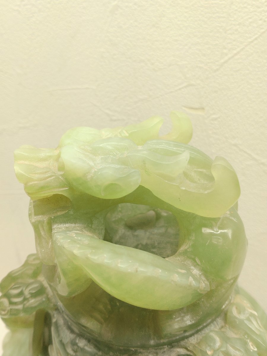 翡翠 ヒスイ 香炉 龍 骨董品 緑石 置物 香道具 細密細工 三つ足
