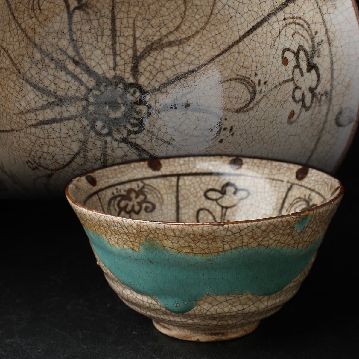 ZL254 時代物 志野焼 織部小服茶碗 外径11.9cm 仕覆付 木箱附附・絵