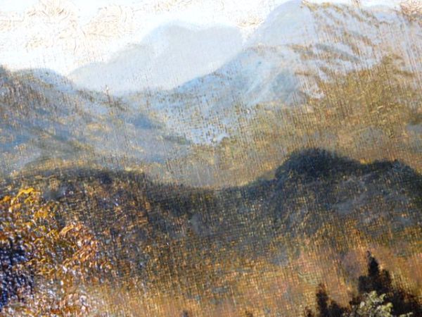 227☆油絵 風景画 橋 川 山 アートフレーム金色系 アンティーク風額