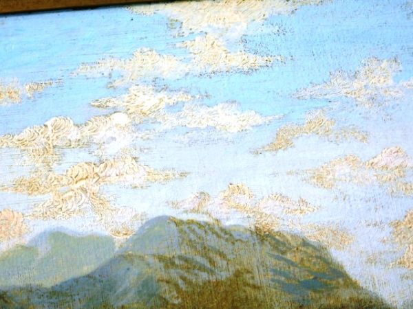 227☆油絵 風景画 橋 川 山 アートフレーム金色系 アンティーク風額