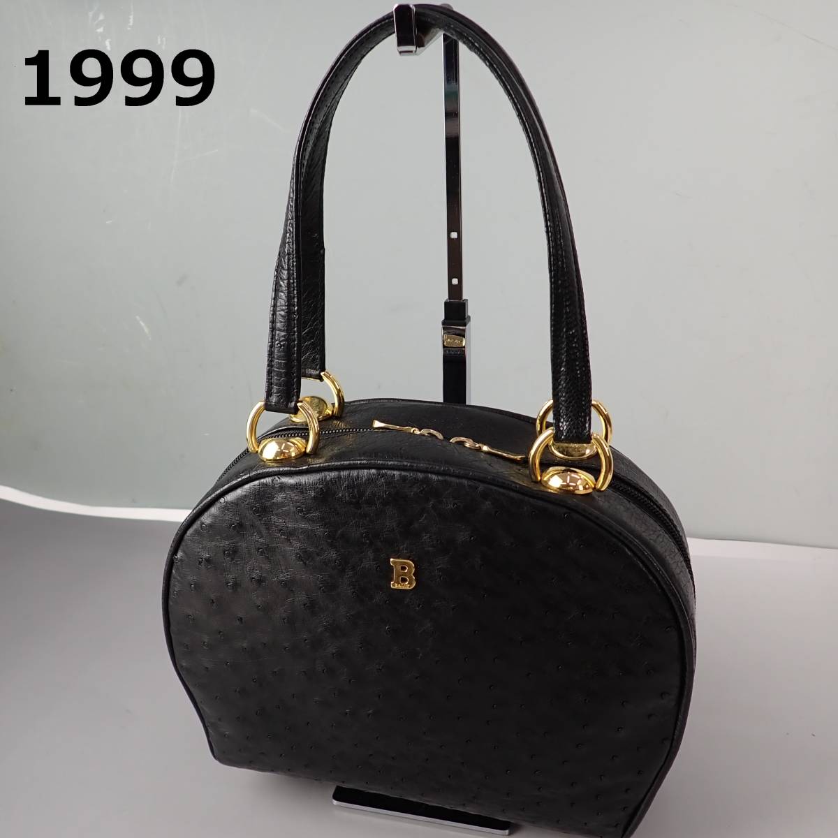 BR-1999　バリーBALLY オーストリッチ　ハンドバッグ　ブラック×ゴールド金具