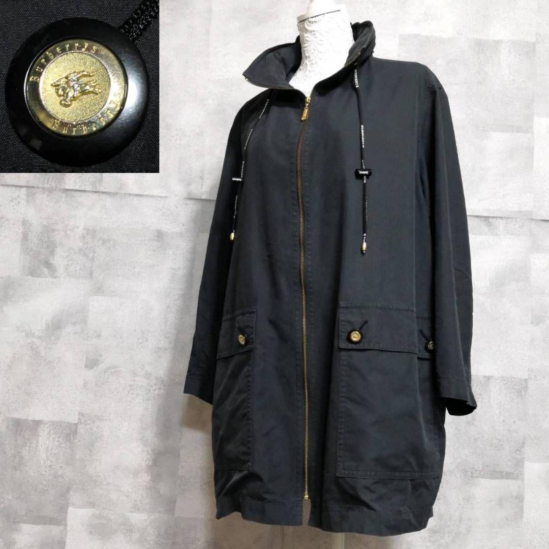 極美品 XL バーバリー スタンドカラー ブルゾン　金ボタン フード　フルジップ　黒　LL BURBERRY ホースロゴ 大きいサイズ ロング　コート