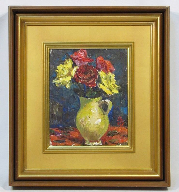 萩谷巌 「バラ」 額装3号 日動画廊シール 色鮮やかにして、質感豊かな