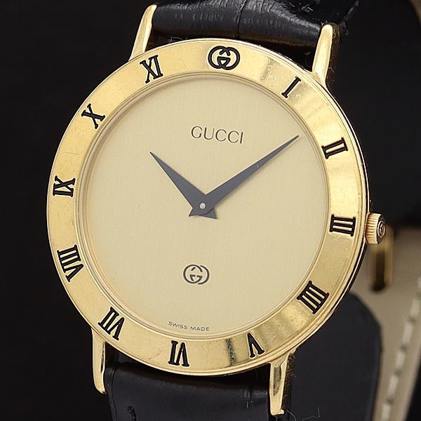 1円 稼働 良品 箱付 グッチ QZ 3000.2.M シェリーライン文字盤 純正
