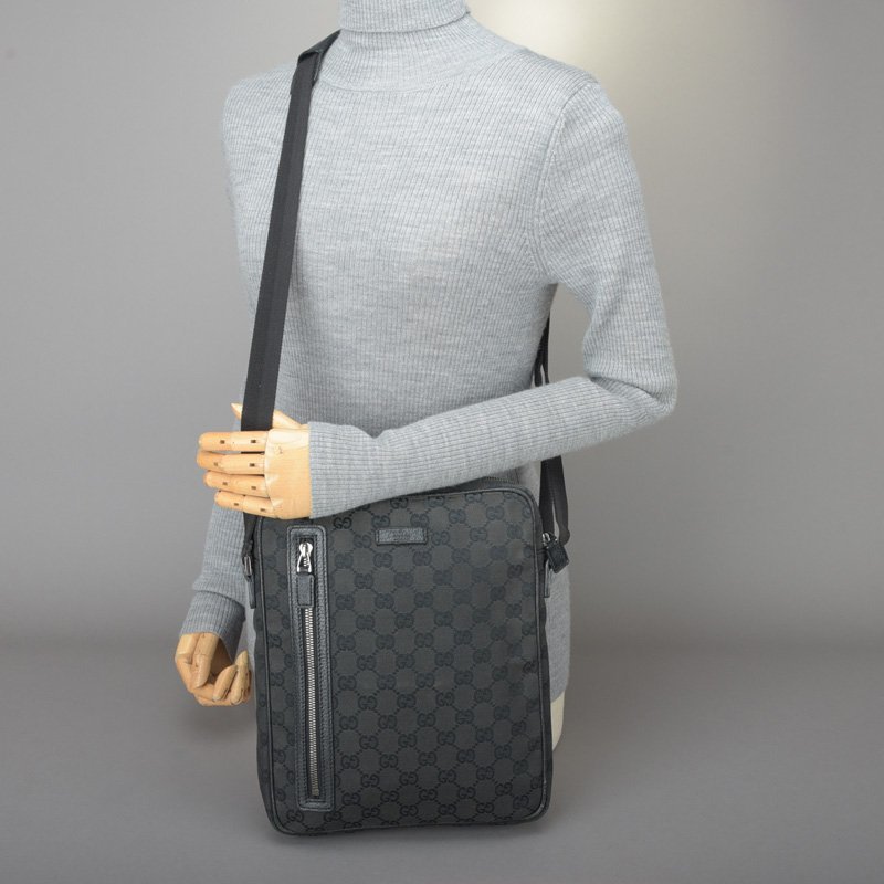 1円 GUCCI グッチ ショルダーバッグ GGキャンバス レザー ブラック 