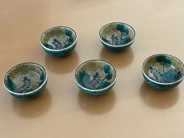 九谷焼「酒杯5客」 URA]九谷焼⁄赤絵風景文馬上杯5客⁄9-
