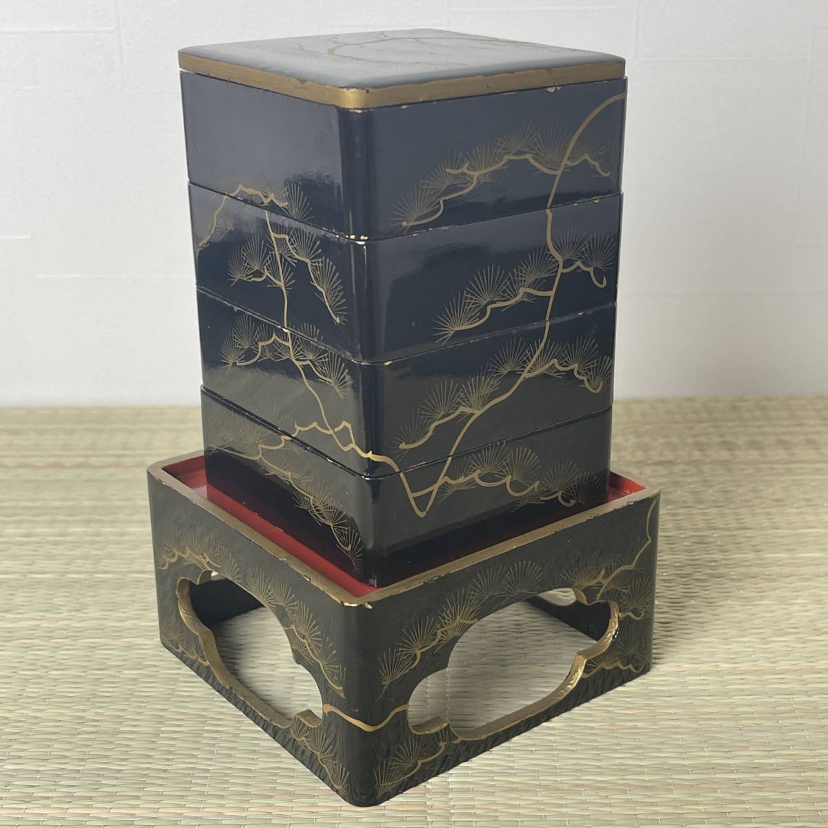 江戸時代 雛道具 御重箱 蒔絵 松鳳凰文 黒漆塗 木製品 / 箪笥 道具箱