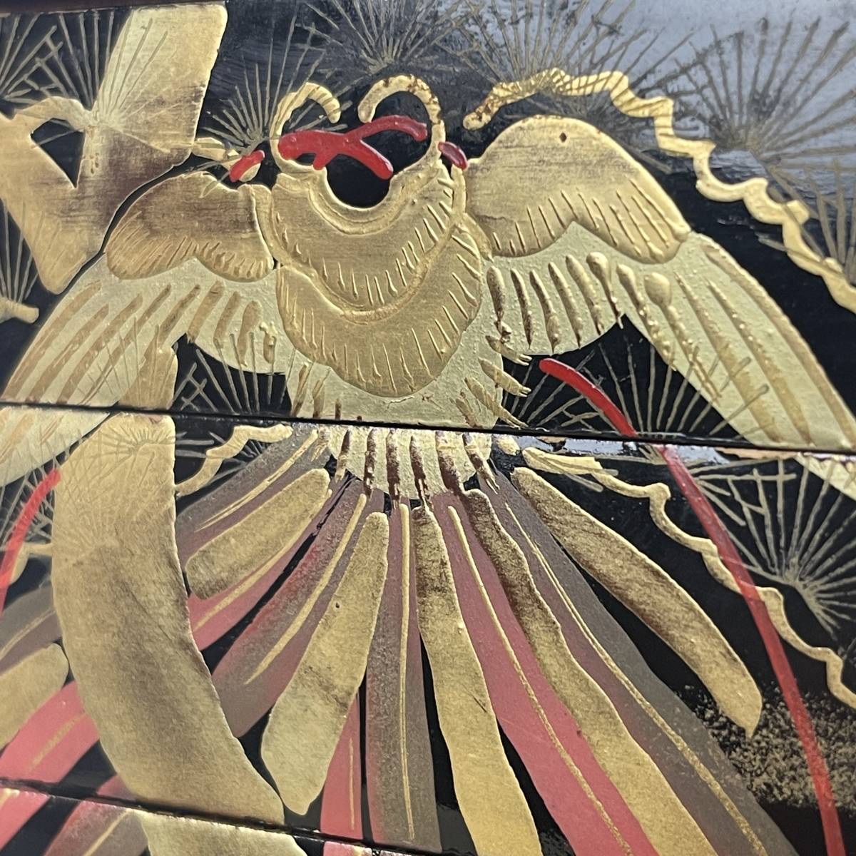 江戸時代 雛道具 御重箱 蒔絵 松鳳凰文 黒漆塗 木製品 / 箪笥 道具箱