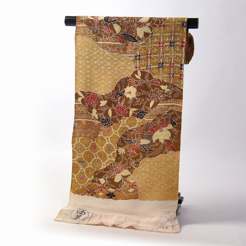 【ほりだし堂】　小紋　道長取りに更紗　太しぼ縮緬　浜ちりめん　山吹色～黄土色　反物　正絹　着物　11/28～12/5