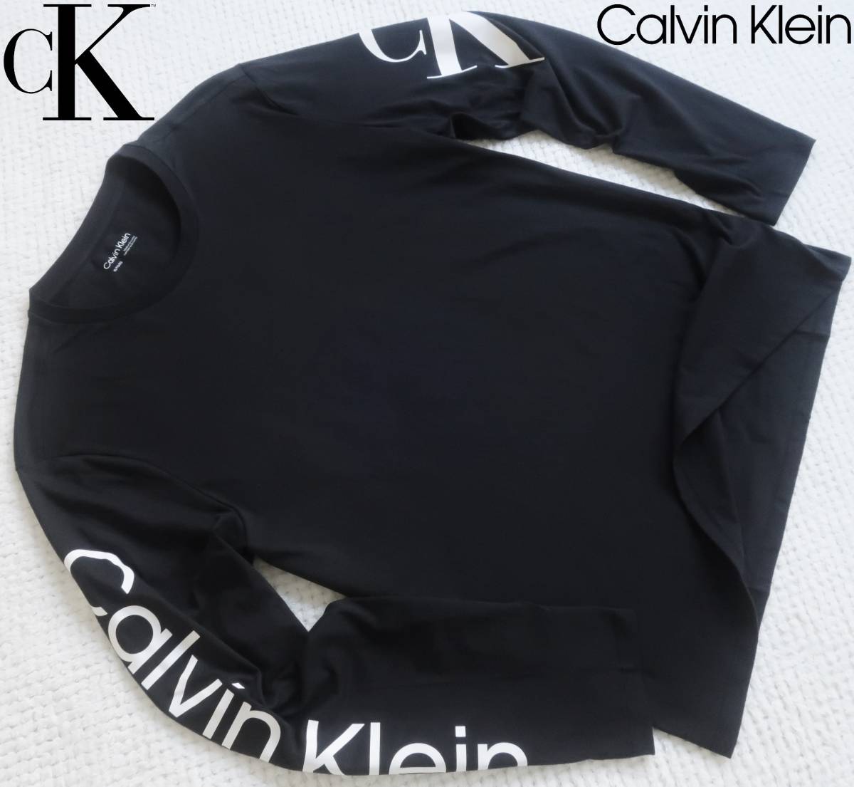 新品★カルバン クライン★ブラック ロンT★袖ロゴ★アーム ホワイト ロゴプリント★長袖 Tシャツ 黒 L★Calvin Klein★778