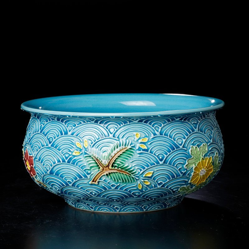 古美味】中村翠嵐窯 浅黄交趾 青海波草花皆具 茶道具 保証品 DXu0 