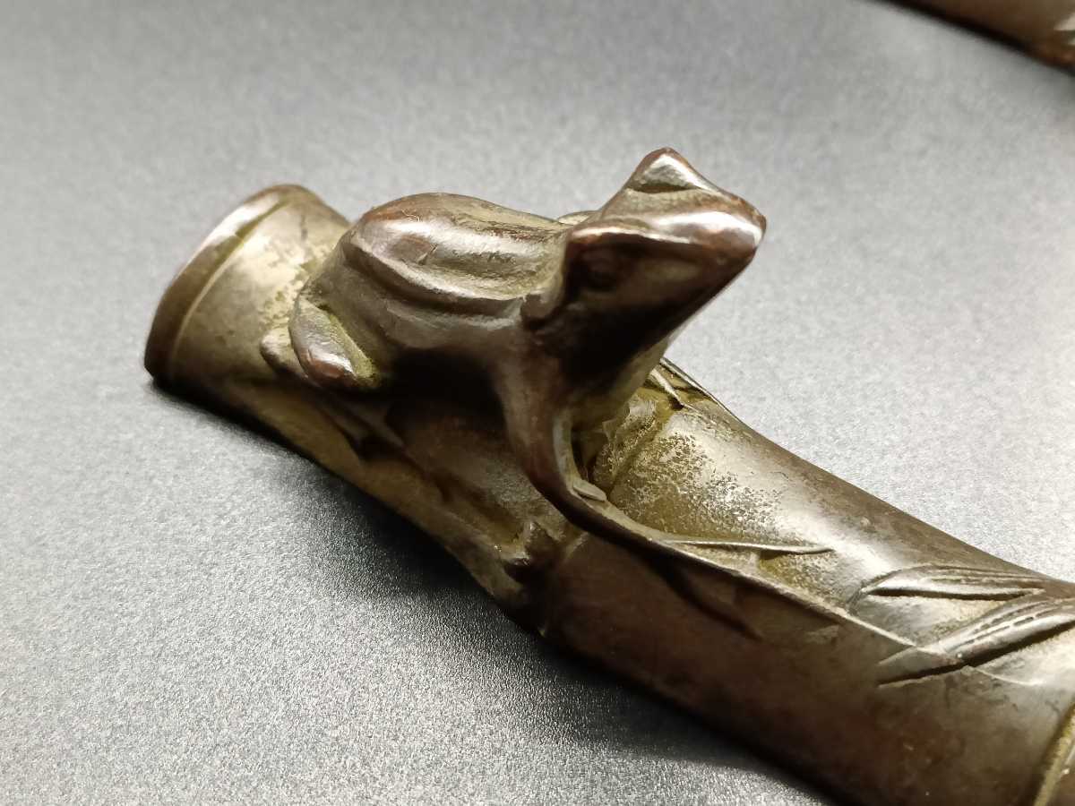 銅製鎮紙 文鎮 竹形 金工 絵金銀 蝦蟇 蝉 金工師 夏虫図 守宮 夏虫の図