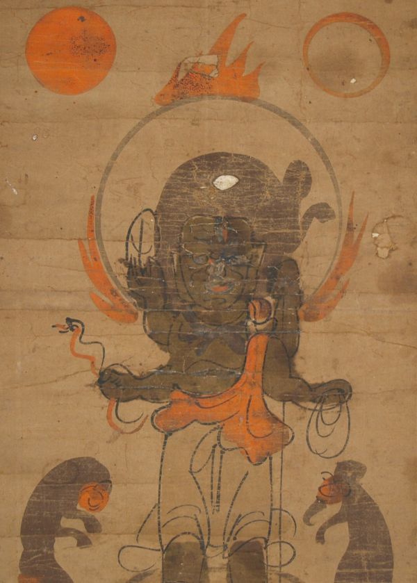 KP080 肉筆 大津絵 庚申 青面金剛 猿 鶏 紙本肉筆 彩色画 軸装 仏画 紙