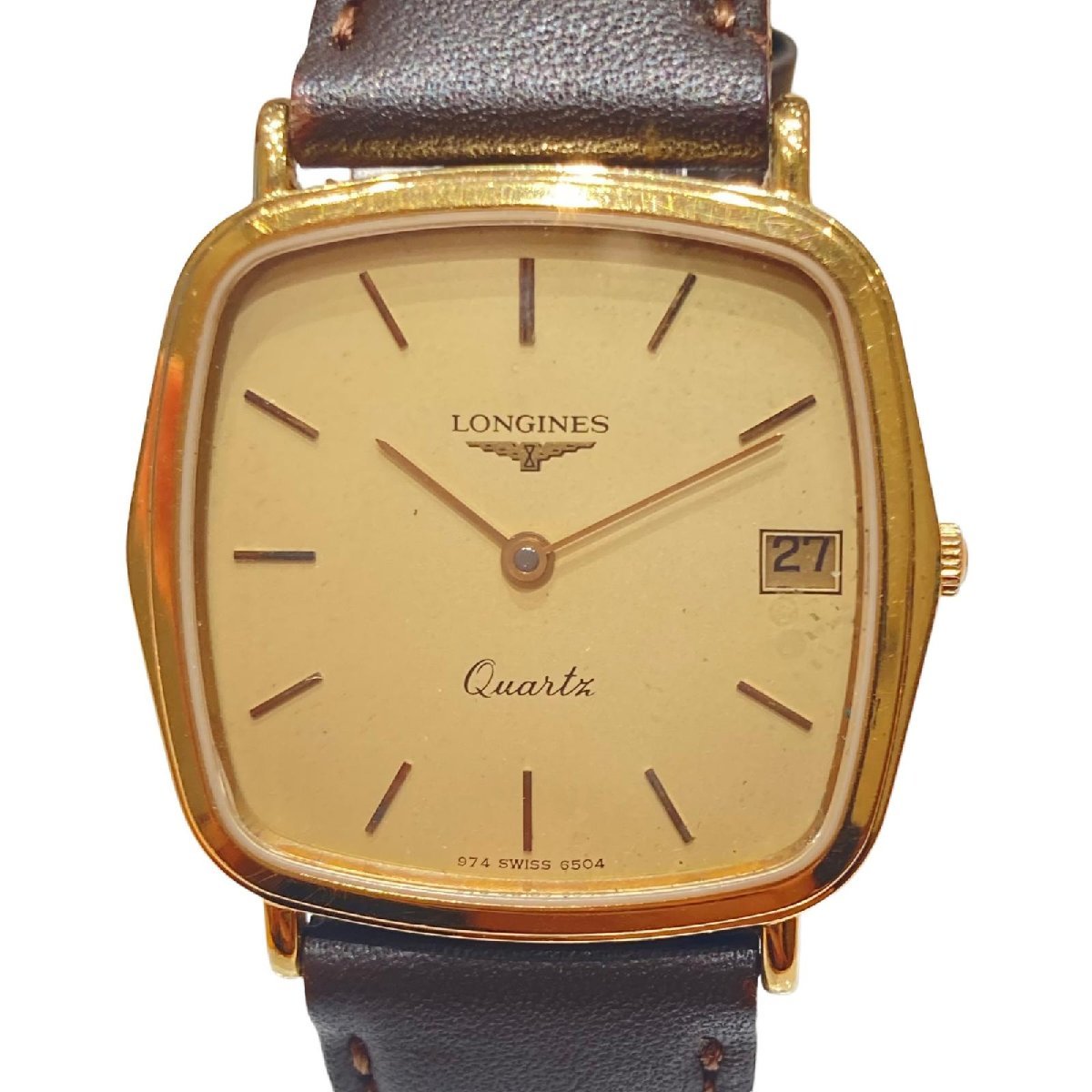 LONGINES ロンジン ゴールド文字盤 スクエア QZ 社外ベルト 腕時計