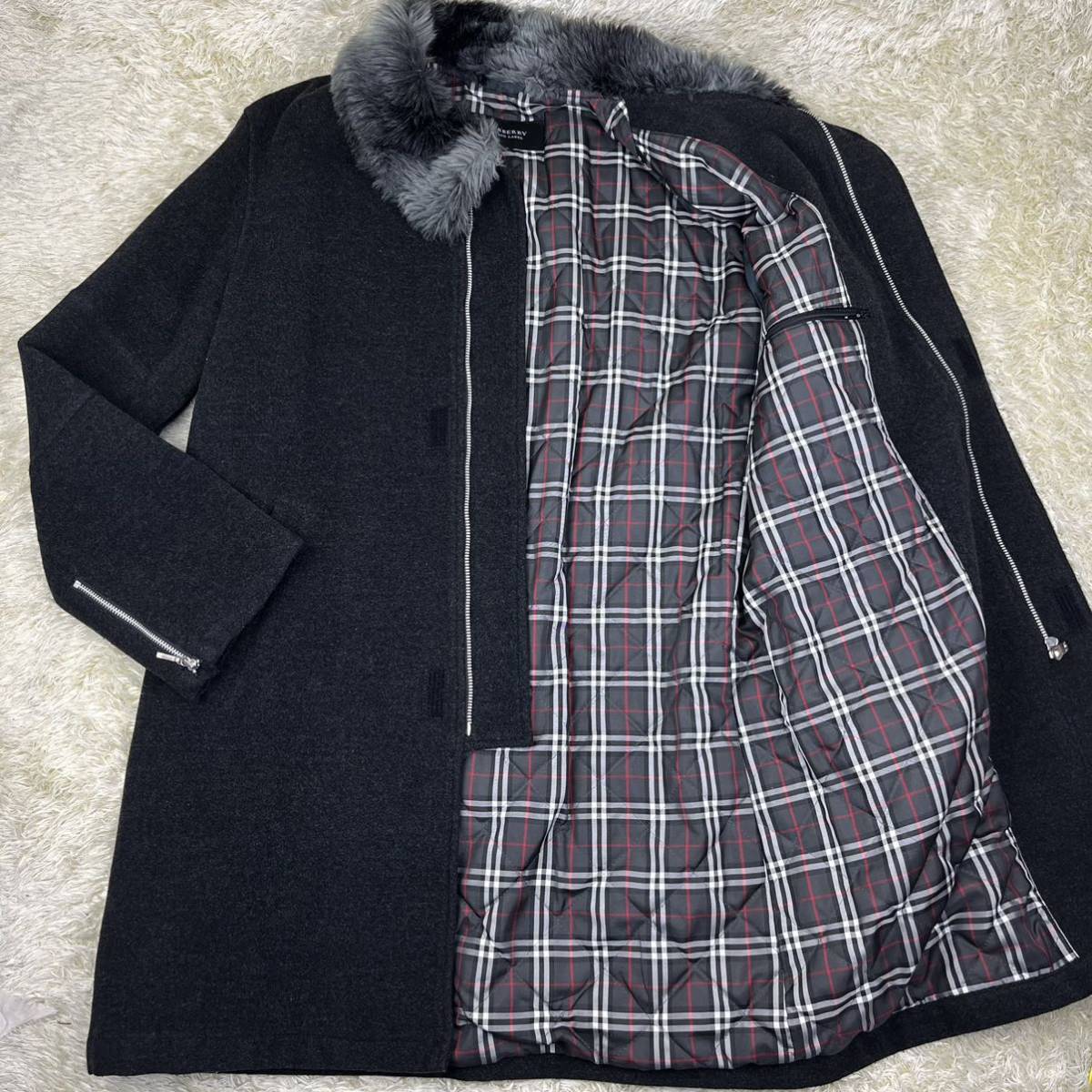 美品☆バーバリーブラックレーベル　ステンカラーコート カシミヤ混　ノバチェック 1円 BURBERRY BLACK LABEL バーバリーブラックレーベル ステンカラー