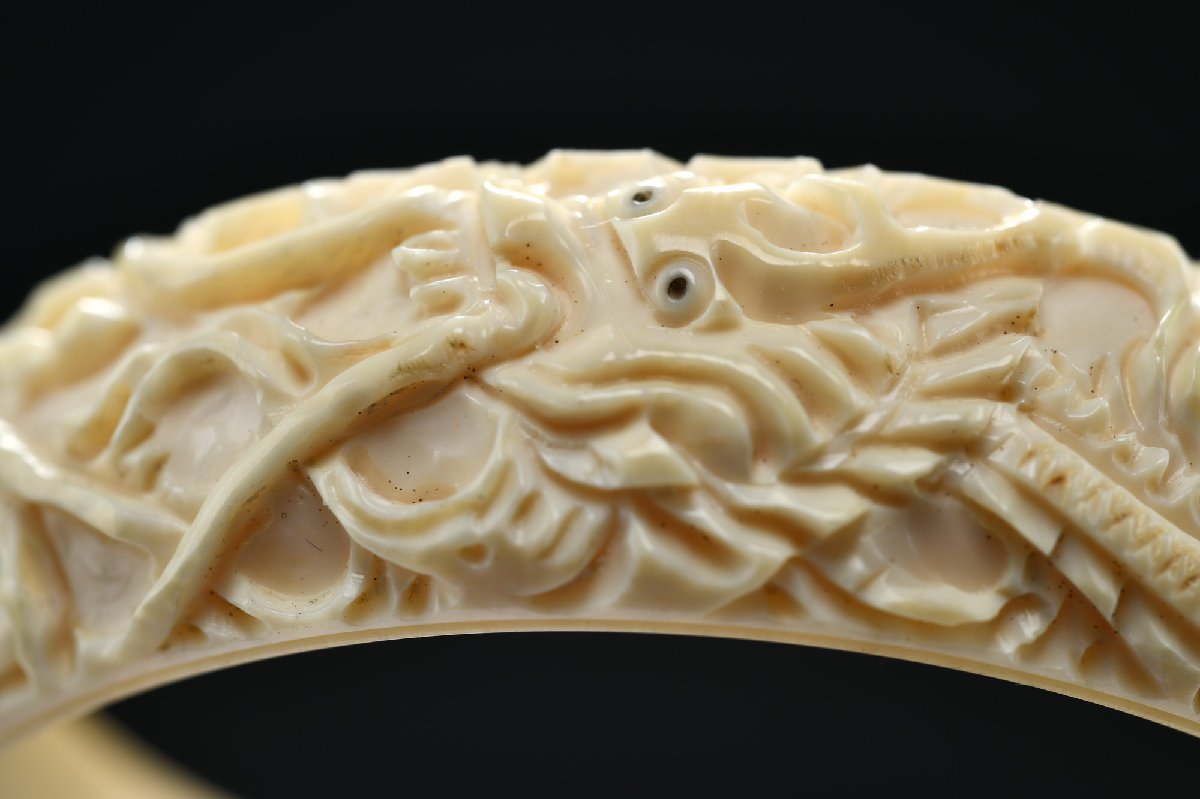 中国　手作り　寿老人　マンモス ◇鶴鳴堂◇時代物 マンモス芯料彫 腕輪 共箱 極細工 古置物 古