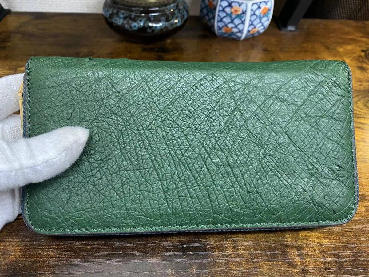 1円 在庫処理～オーストリッチ 長財布 ラウンドファスナー 本物保証 駝鳥革 一枚革 本革 ダチョウ 小銭入れあり 未使用 男性用 グリーン