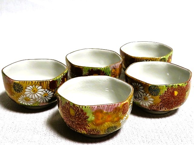 万古焼 煎茶碗 五客 萬古焼 花鳥金彩 茶道具 煎茶道具 万古焼 煎茶碗