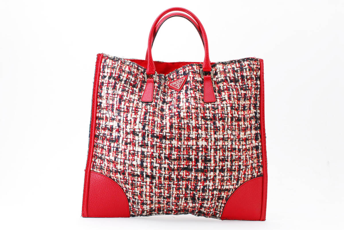 【全国無料，2026】 1円スタート PRADA プラダ ツイード レザー トートバッグ ハンドバッグ スクエア 四角 ロゴプレート 22-7800(トートバッグ)｜売買されたオークション情報、yahooの商品情報をアーカイブ公開 - オ かばん、バッグ