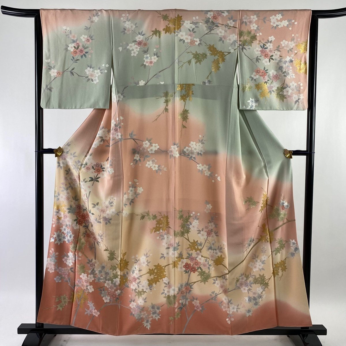 訪問着 名品 落款 松雨 枝花 楓 金銀彩 ぼかし ピンク 袷 身丈158cm