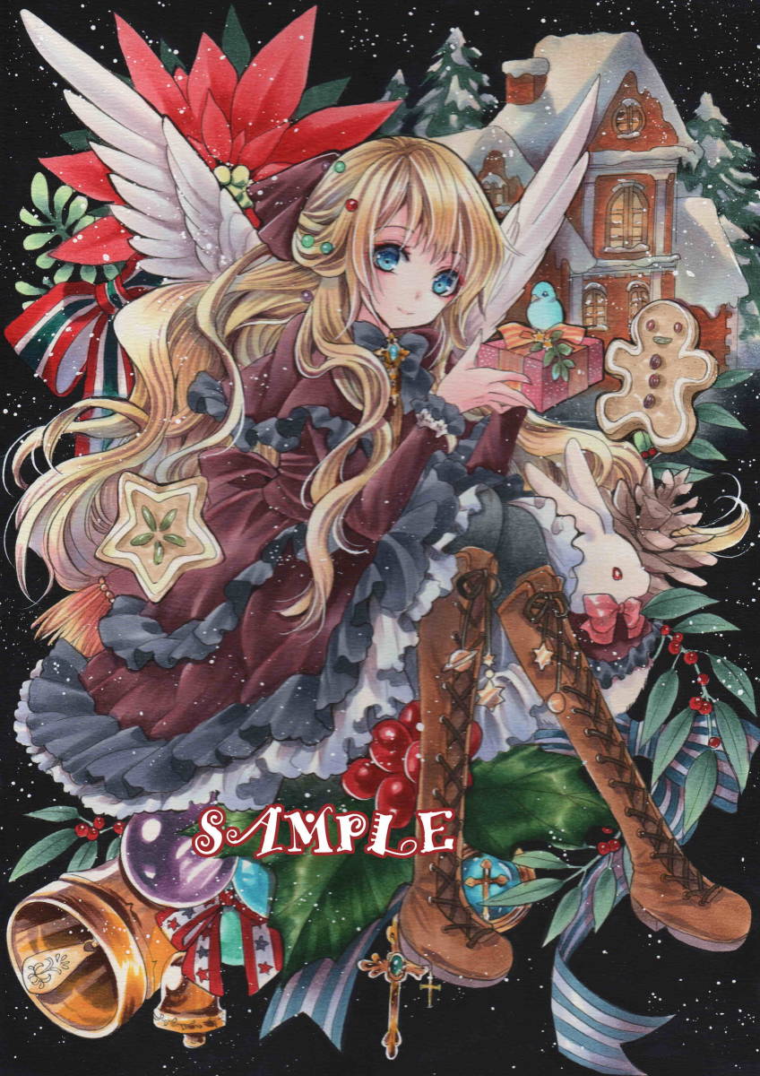 同人手描きイラスト オリジナル Merry Christmas A4サイズ水彩ボードの