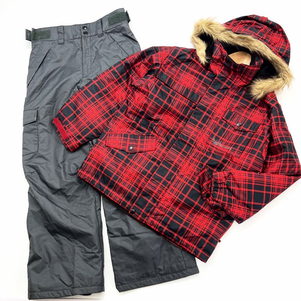 美品 ☆ キスマーク ☆ KISS MARK スキーウェア 上下 セットアップ ジャケット フード パンツ キッズ 150 レッド 可愛いチェック♪■CF221