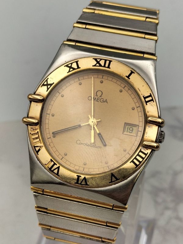 T1897 1円～ 稼働品 オメガ OMEGA コンステレーション Constellation クオーツ デイト 腕時計 ゴールド文字盤 ステンレス メンズ
