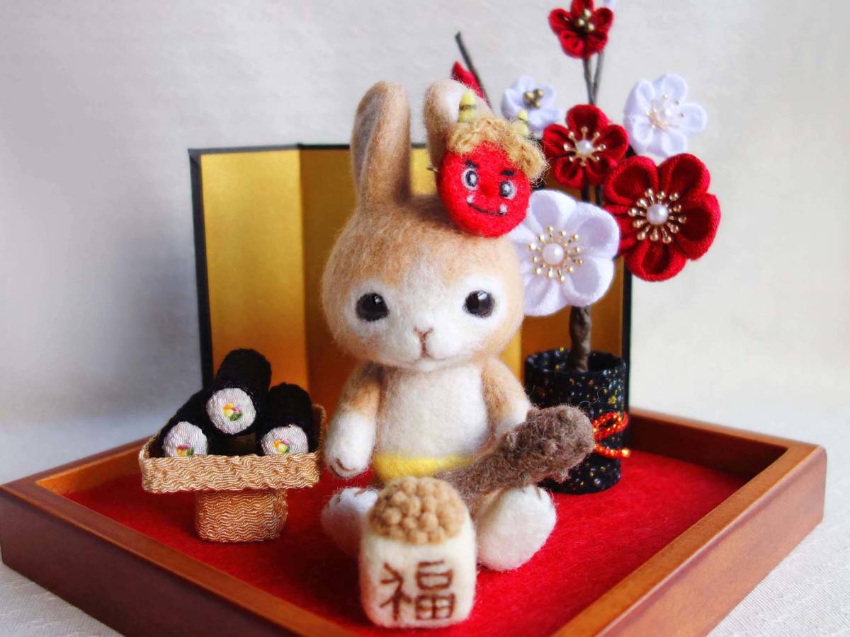★ハンドメイド・羊毛フェルト・うさぎ・節分・丸かぶり寿司・福豆・赤鬼・面・ちりめん細工★