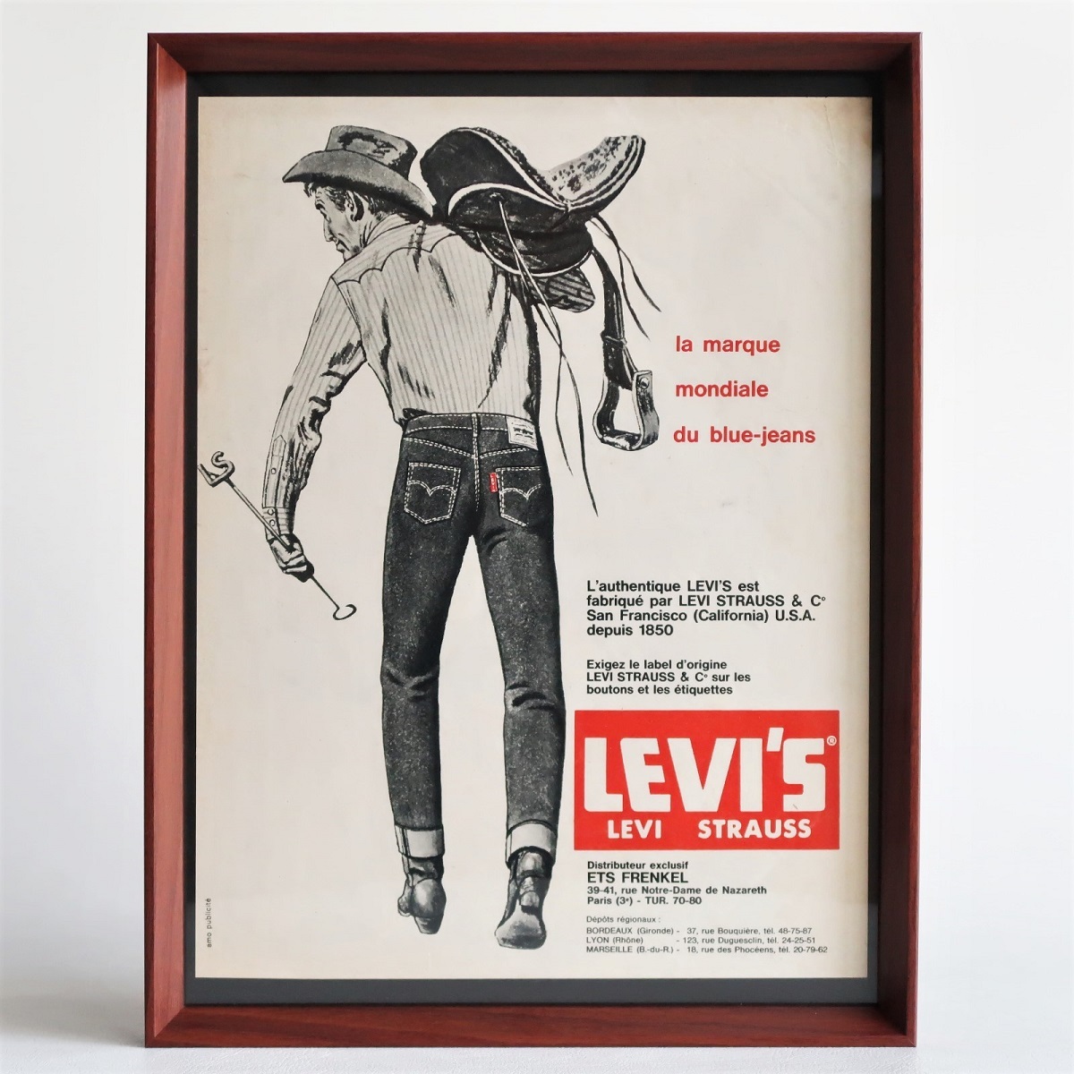 LEVI'S リーバイス サドルマン ビッグE 1962年 フランス ヴィンテージ 広告 額装品 アートフレーム インテリア ポスター アンティーク 稀少