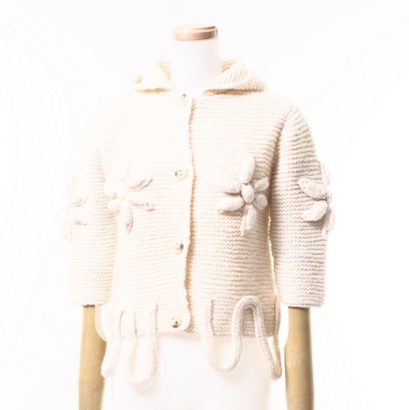 GM6654◆I.S.*イッセイミヤケ*ウール*ローゲージ*五分丈*デザインニット*フラワーモチーフ*フードあり*裾フープ*キッズ*100*アイボリー