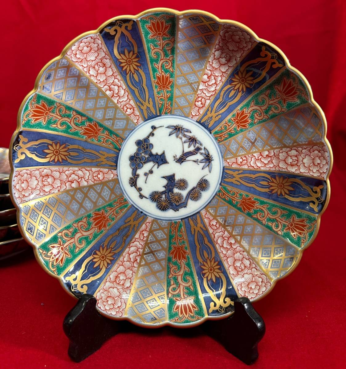 林九郎作 皿 染錦 色絵 松竹梅 6客 菊割 骨董 金彩 陶器 古伊万里様式
