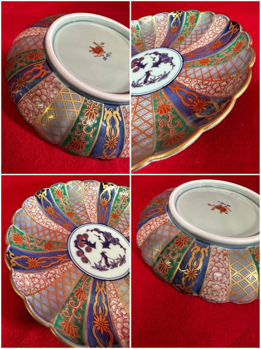 林九郎作 皿 染錦 色絵 松竹梅 6客 菊割 骨董 金彩 陶器 古伊万里様式