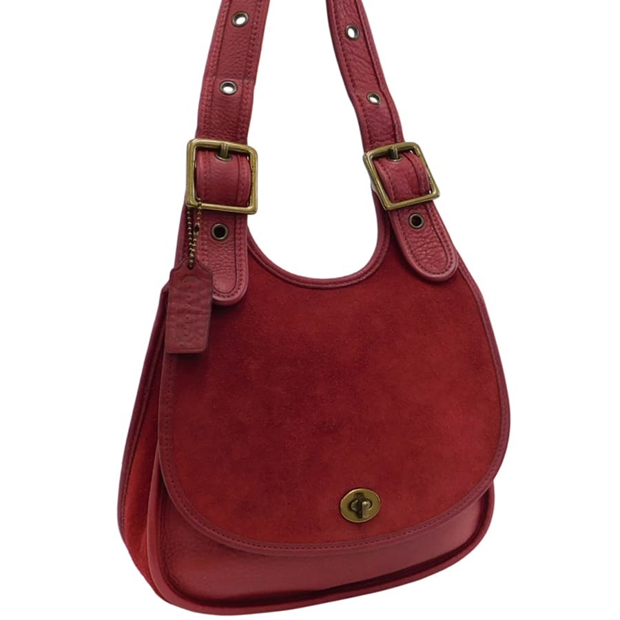 1円 ■ 極美品 コーチ ショルダーバッグ 9014 レッド系 スウェード×レザー COACH ■ E.Bss.hP-16