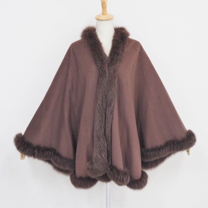 美品【 ￥1000～★DESii MODE 】高級毛皮　カシミヤ×ウール×フォックス　イタリア製◆大判ケープ　着丈：80cm丈　ブラウン◆P680T